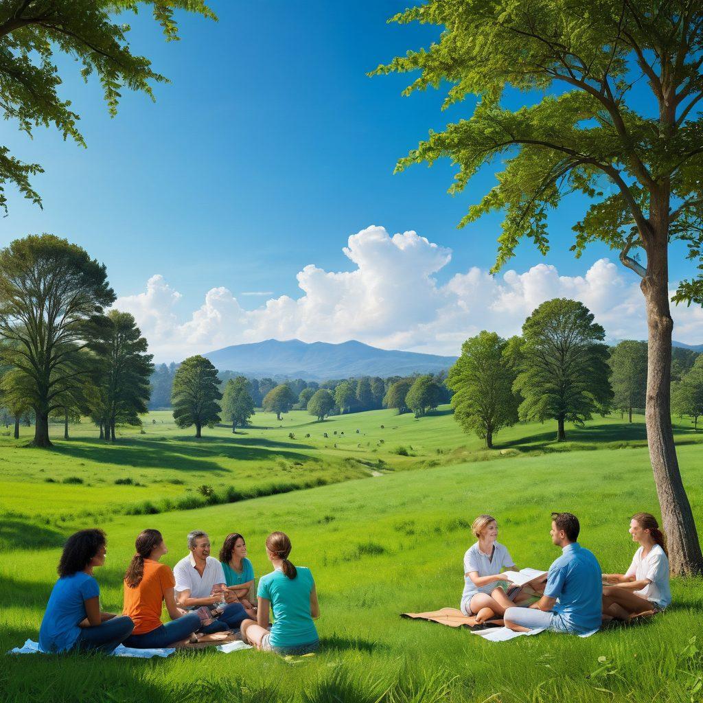 A serene landscape featuring a lush green meadow with a clear blue sky, overlaid with symbols of insurance like shields and leaves intertwined, representing eco-friendliness. In the foreground, a diverse group of happy individuals discussing and embracing eco-conscious living. A subtle financial chart is integrated into the background, symbolizing affordable insurance benefits. The overall color palette should be vibrant and inviting, conveying a sense of optimism and sustainability. super-realistic. vibrant colors. white background.