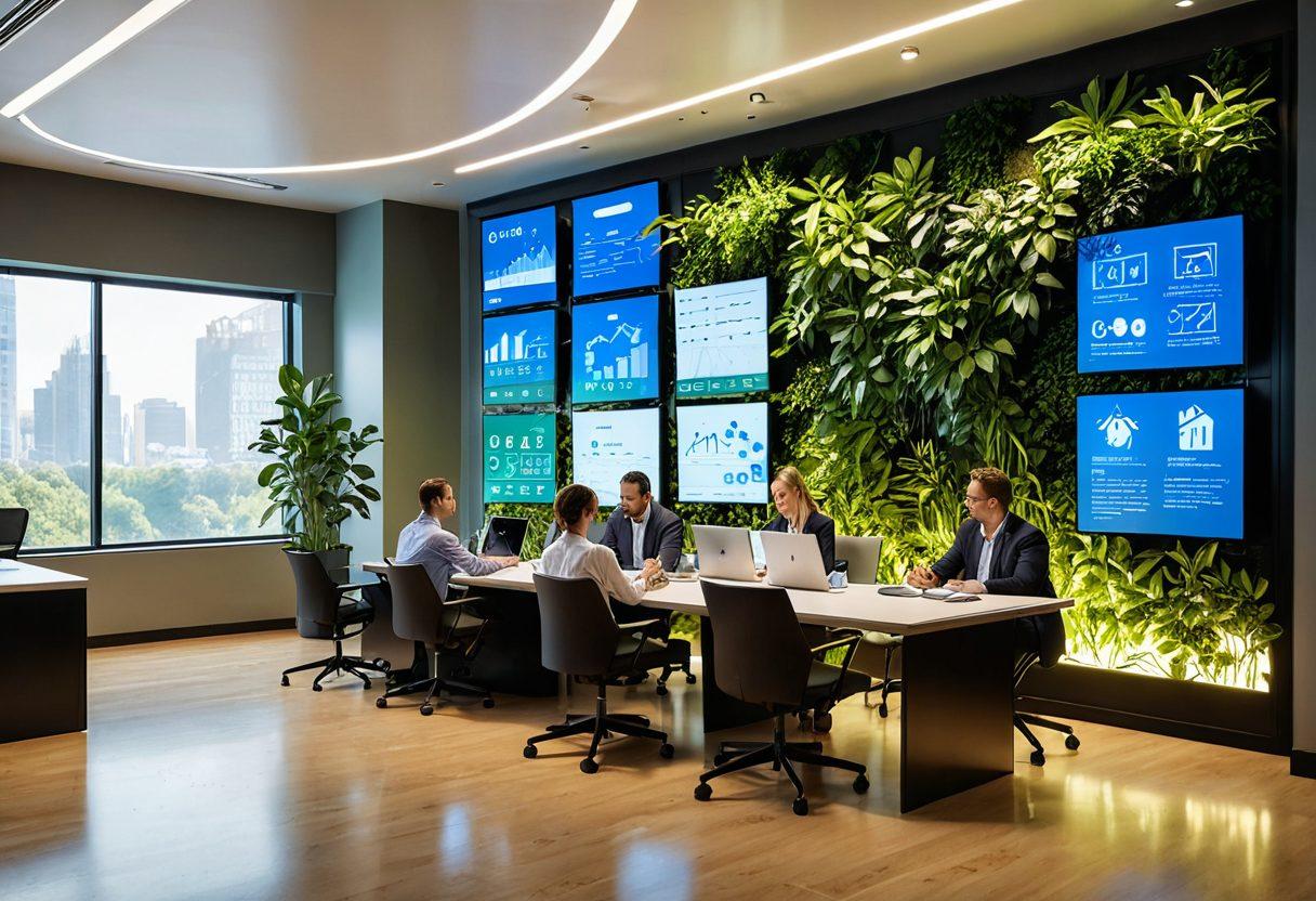 A modern office environment with a green plant wall and digital screens showcasing eco-friendly insurance options. A diverse group of professionals discussing sustainability with charts displaying carbon footprints and renewable energy. Soft natural lighting filters through large windows, highlighting a harmonious blend of technology and nature. Incorporate elements like solar panels and greenery in the background. super-realistic. vibrant colors.