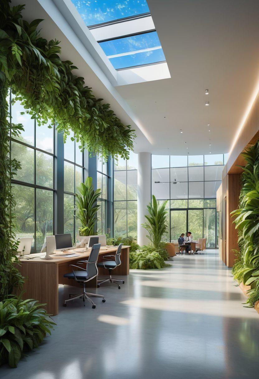 A futuristic insurance office filled with eco-friendly technology and digital interfaces, showcasing diverse people engaging with interactive screens displaying sustainable insurance options. Lush green plants symbolizing sustainability are integrated throughout the design, while a clear blue sky is visible through large windows, indicating a brighter future. Emphasize innovation, diversity, and sustainability in the atmosphere. super-realistic. vibrant colors. modern design.
